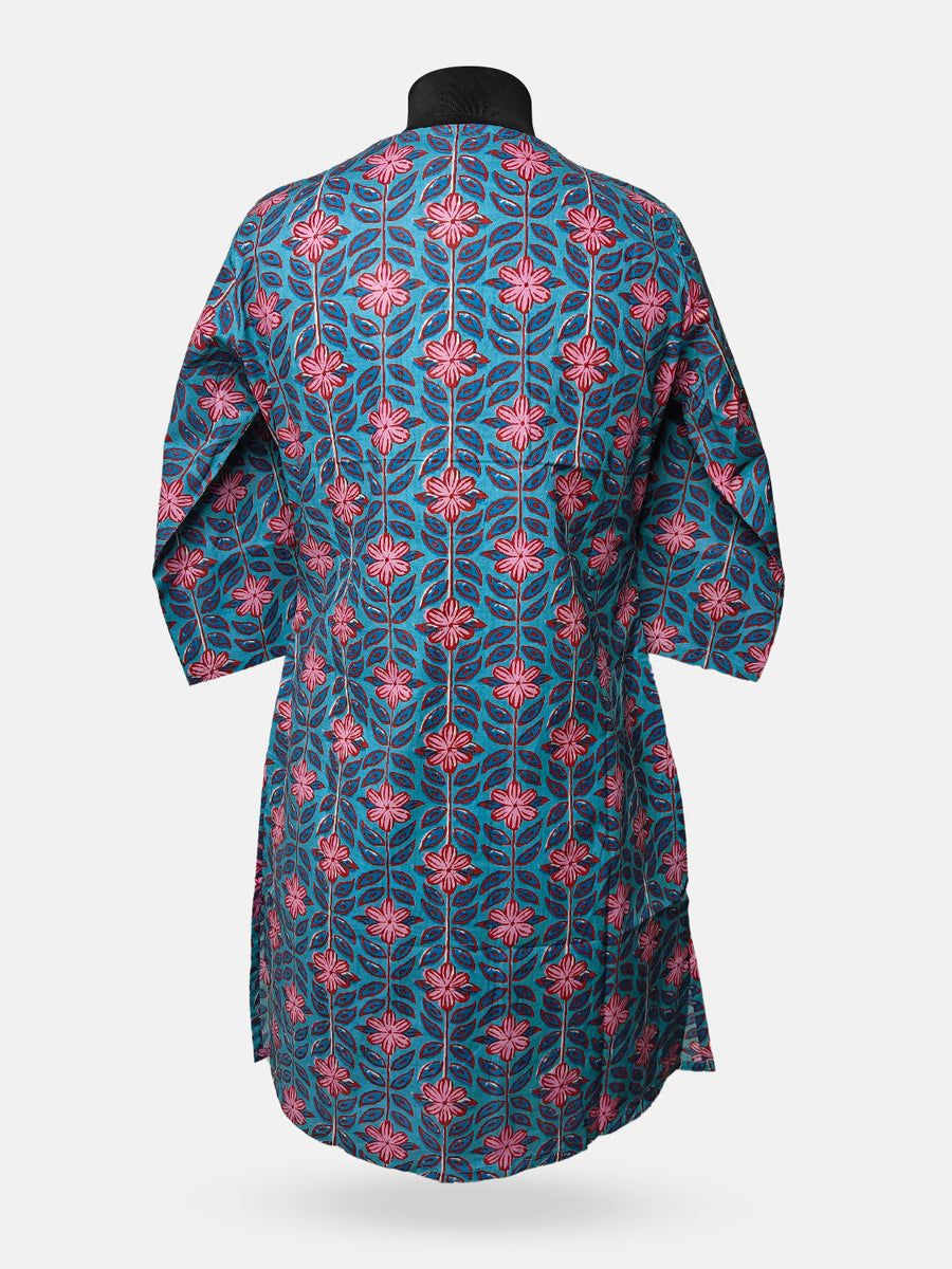 Dames 3/4 Mouw Bloemige Print Blauw Voor open Adaptieve Kurti