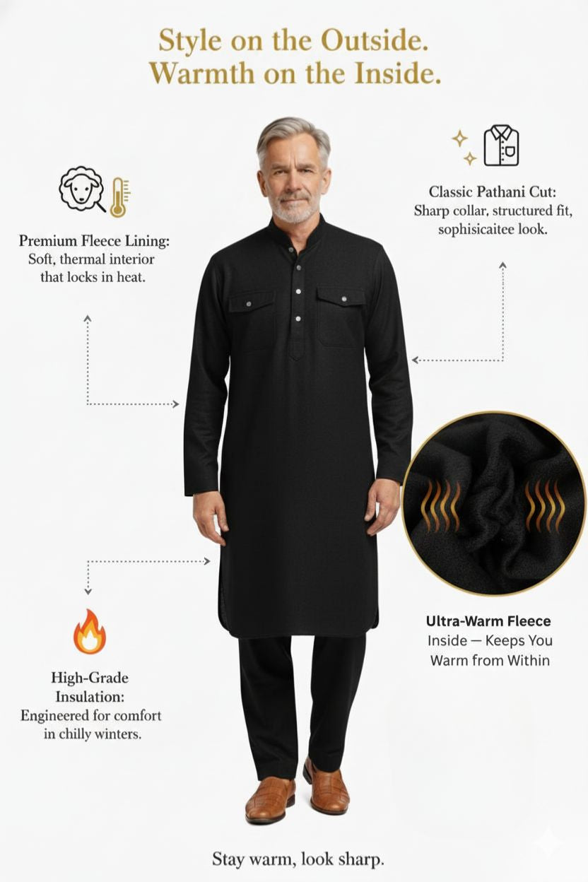 Premium Thermische Pathani Kurta & Pyjamaset Met Zachte Fleecelining