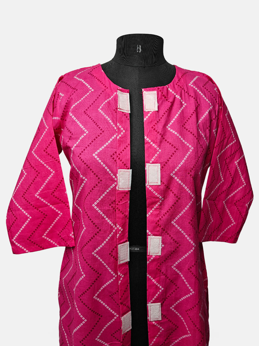 Women's  3/4 Length Sleeve Floral Printed Magenta Front Open Adaptive Kurti