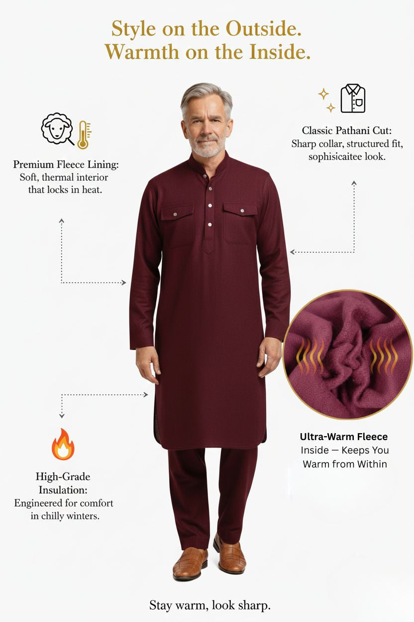 Premium Thermische Pathani Kurta & Pyjama Set met Zachte Fleece Voering