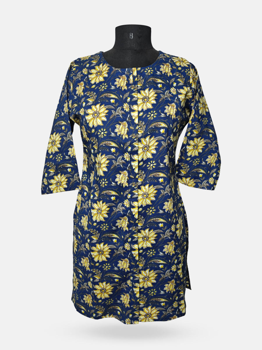 Women's  3/4 Length Sleeve Floral Printed Royal Blue Front Open Adaptive Kurti