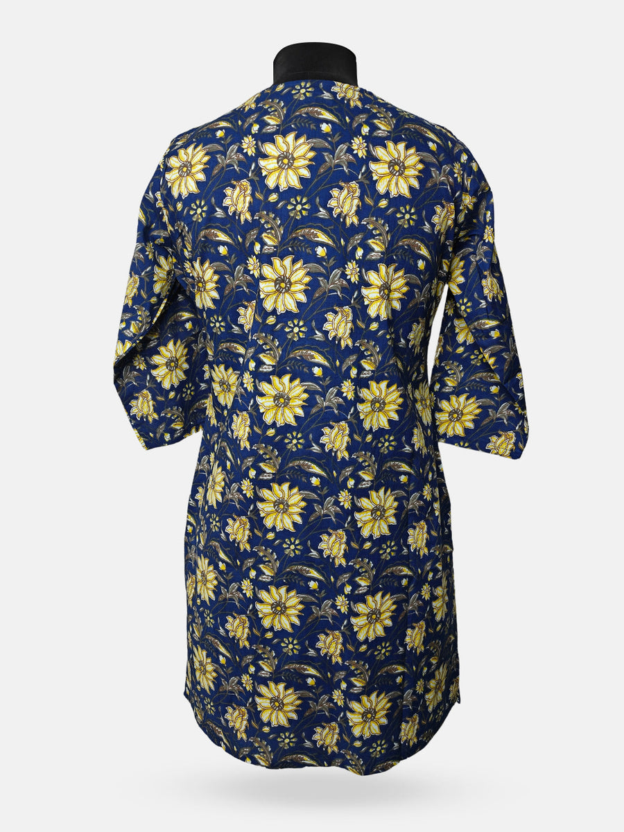 Women's  3/4 Length Sleeve Floral Printed Royal Blue Front Open Adaptive Kurti