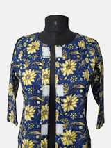 Women's  3/4 Length Sleeve Floral Printed Royal Blue Front Open Adaptive Kurti