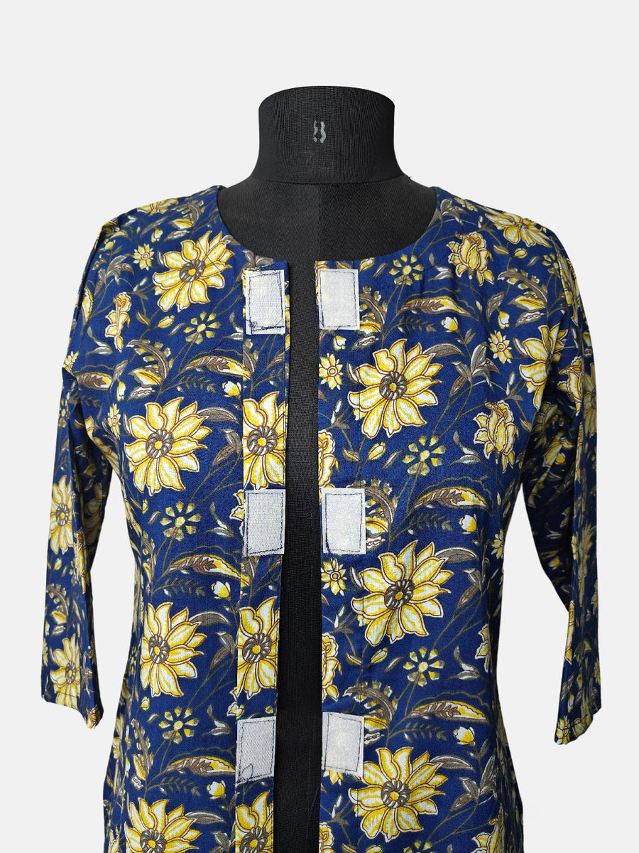 Women's  3/4 Length Sleeve Floral Printed Royal Blue Front Open Adaptive Kurti