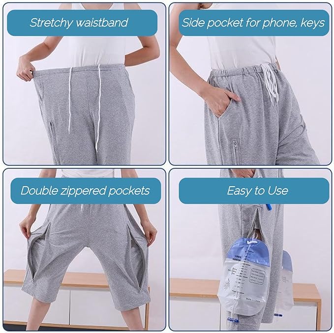 Catheter Leg Bag Capri Shorts for Men & Women | Discreet Urine Bag Holder with Double Zipper Pockets | Holds 2000ml Catheter, Urostomy, Colostomy & Drainage Bags | Adaptive Medical Wear