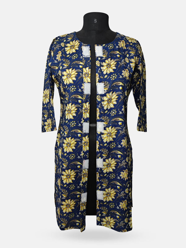 Women's  3/4 Length Sleeve Floral Printed Royal Blue Front Open Adaptive Kurti