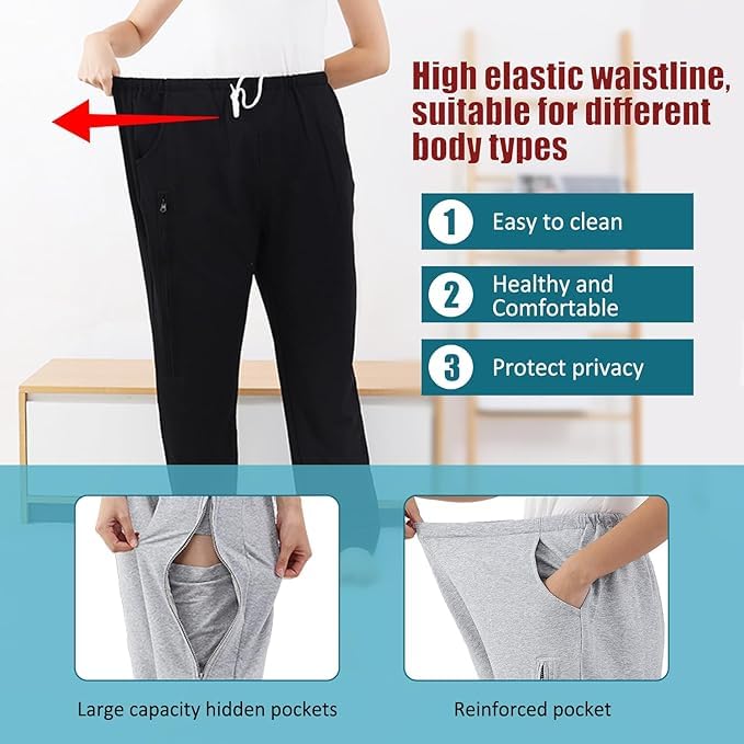 Catheter Leg Bag Pants for Men & Women | Double Zipper Pockets for 2000ml Urine Drainage Bags | Adaptive Medical Wear for Seniors & Patients