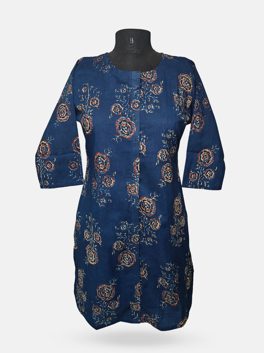 Women's  3/4 Length Sleeve Floral Printed Teal Blue Front Open Adaptive Kurti