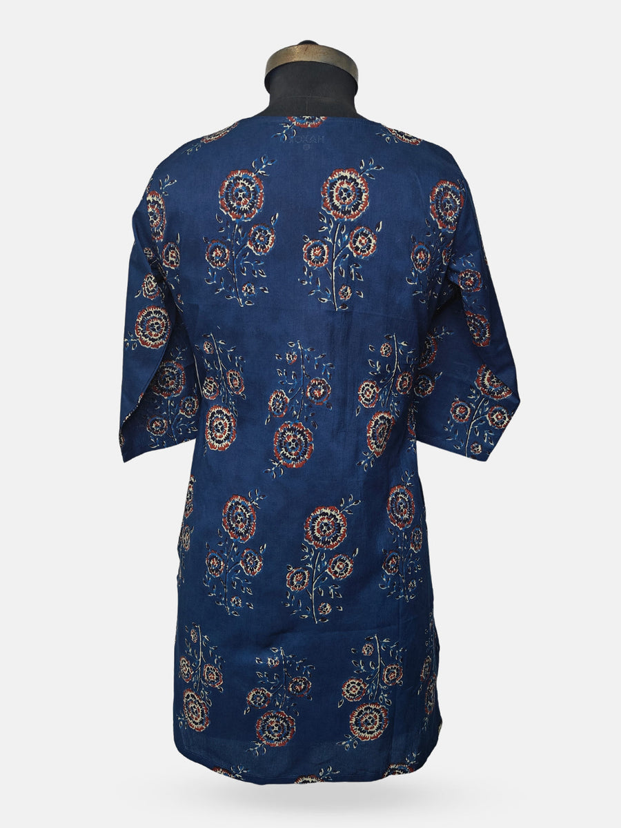 Women's  3/4 Length Sleeve Floral Printed Teal Blue Front Open Adaptive Kurti