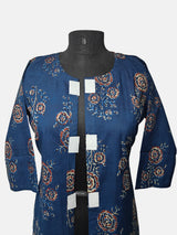 Women's  3/4 Length Sleeve Floral Printed Teal Blue Front Open Adaptive Kurti