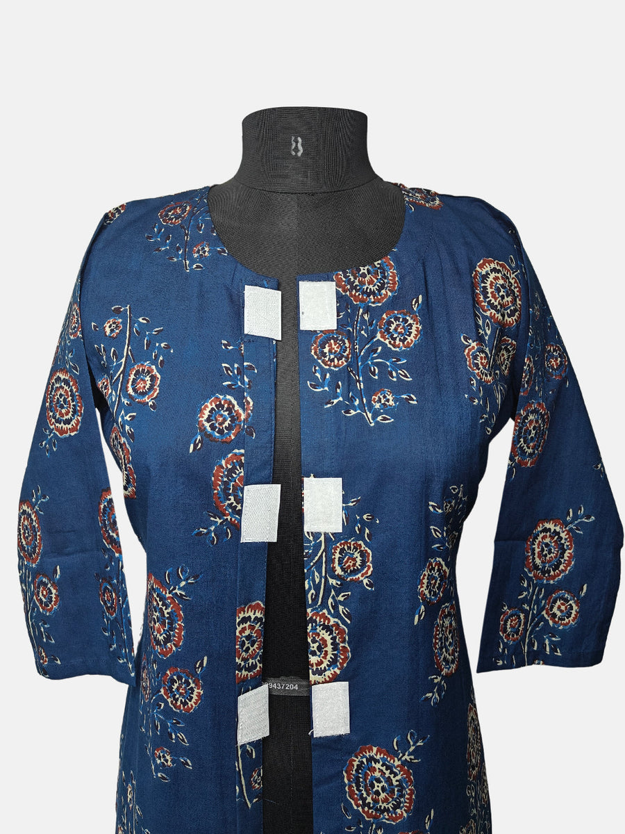 Women's  3/4 Length Sleeve Floral Printed Teal Blue Front Open Adaptive Kurti