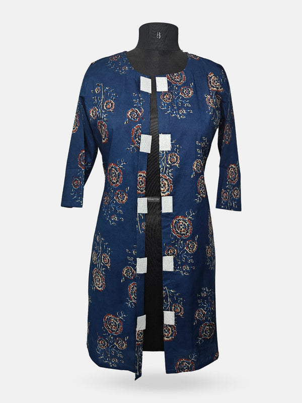 Women's  3/4 Length Sleeve Floral Printed Teal Blue Front Open Adaptive Kurti