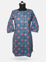 Women's  3/4 Length Sleeve Floral Printed Blue Front Open Adaptive Kurti