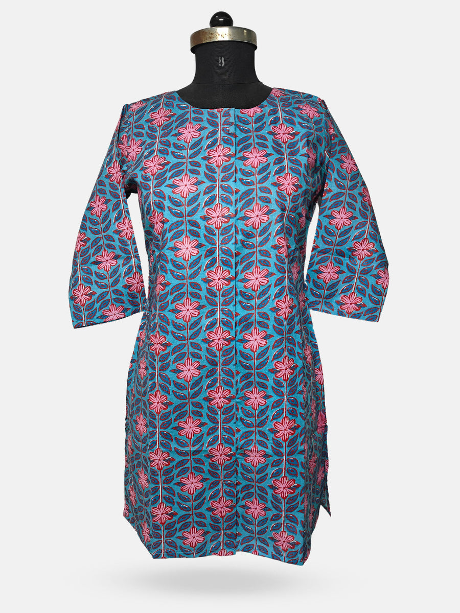 Women's  3/4 Length Sleeve Floral Printed Blue Front Open Adaptive Kurti