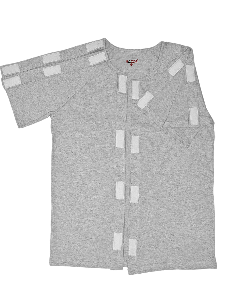 HAXOR Postoperatief Herstel Klittenband Open Afscheurbaar T-shirt met Halve Mouwen Grijs Premium Katoen voor Snelle Toegang bij Postoperatieve Zorg