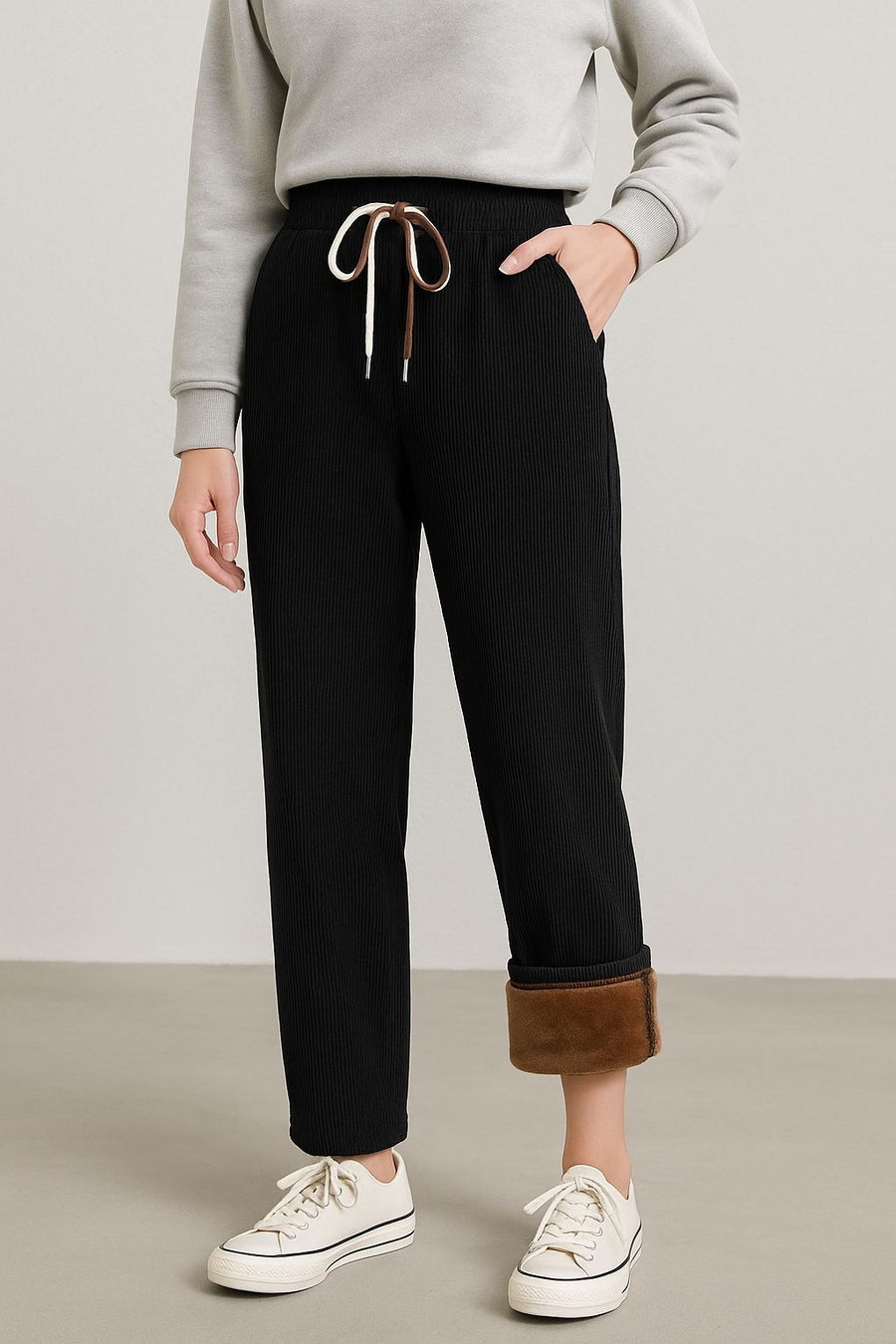 Haxor Dames Geribbelde Fleece Gevoerde Winter Joggingbroek | Ultrazacht Stretch | Dubbele Trekkoord | Premium Warme Broek (Zwart)