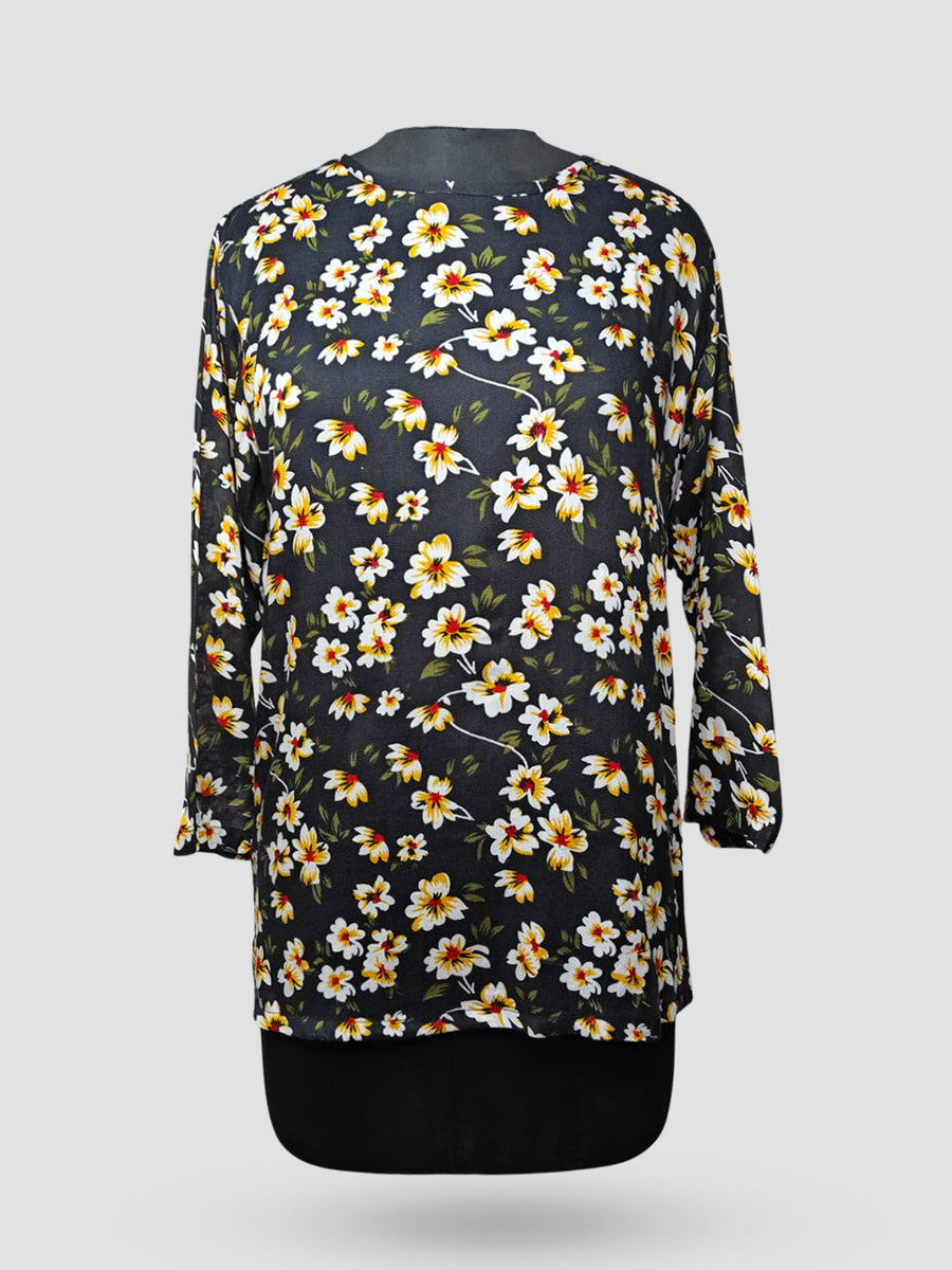 Dames 3/4 Mouw Bloemenprint Marineblauwe Adaptieve Kurti