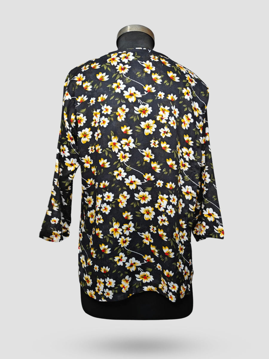 Dames 3/4 Mouw Bloemenprint Marineblauwe Adaptieve Kurti