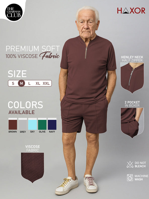 Haxor Heren Bruine Adaptieve Viscose Henley Hals Halflange Mouw T-shirt en Korte Broek Set