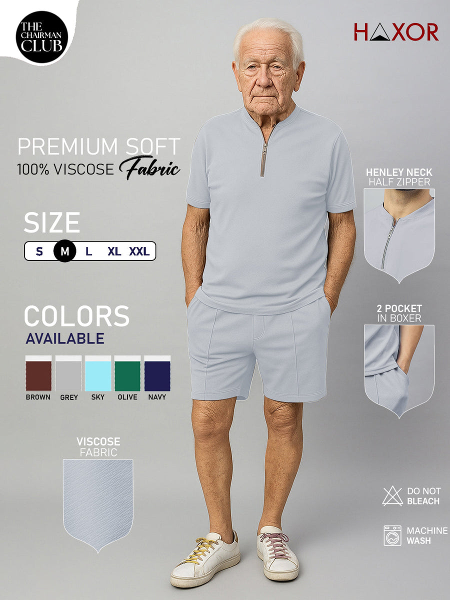 Haxor Men Grey  Adaptive Viscose Henley Neck Half Sleeve T-shirt and Short Set