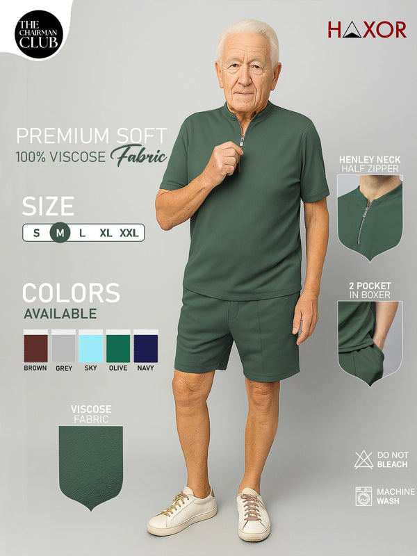 Haxor Heren Groen Adaptieve Viscose Henley Hals Halve Mouw T-shirt en Korte Broek Set