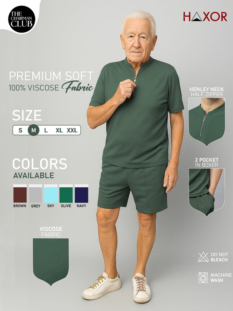 Haxor Men Green Adaptive Viscose Henley Neck Half Sleeve T-shirt and Short Set