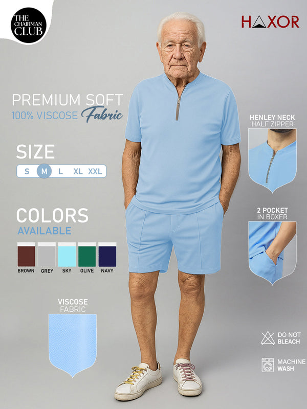 Haxor Men Lichtblauwe adaptieve viscose Henley-hals T-shirt met halve mouw en korte broek set