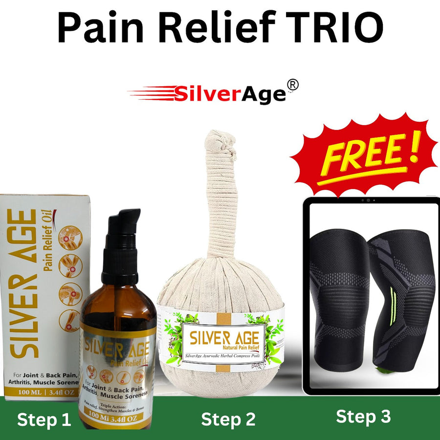 Silverage Combo Ayurvedische Olie voor Gewrichtspijnverlichting met Massage Potli (Gratis Paar Kniebraces S tot XL)