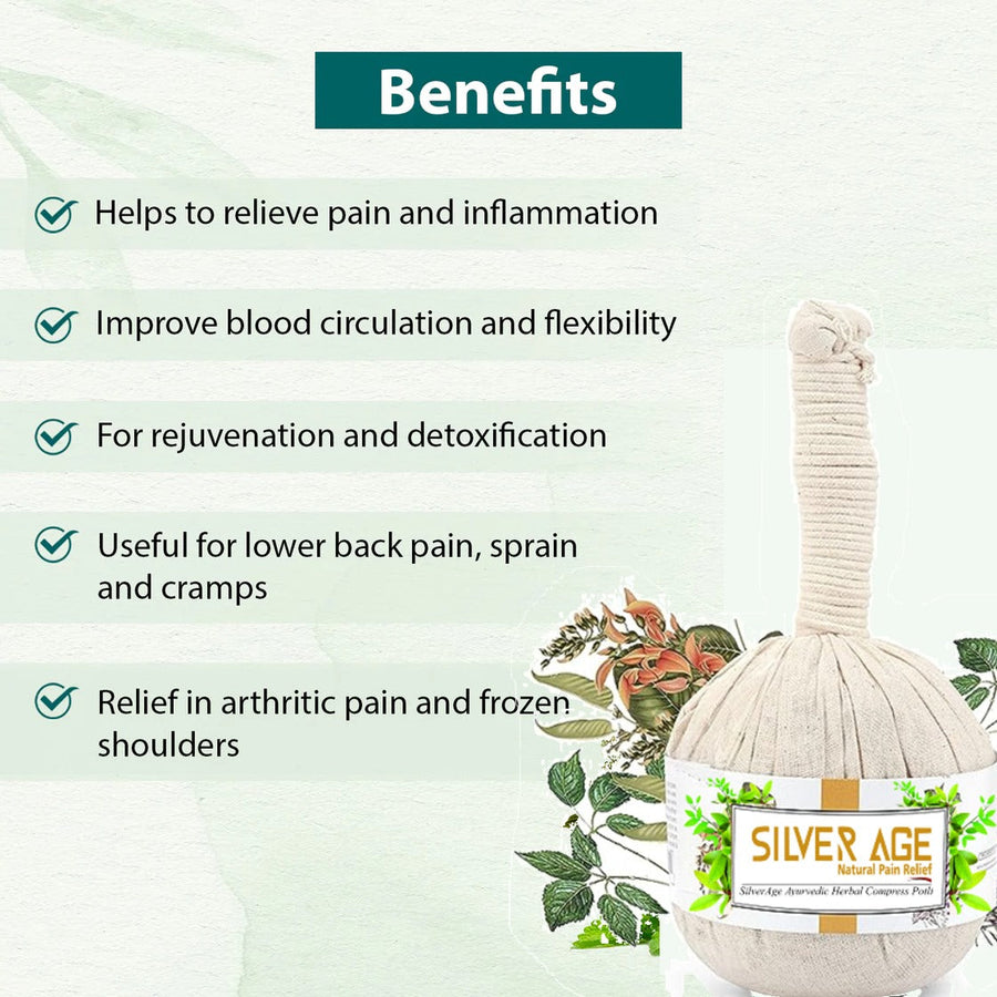 Silverage Combo Ayurvedische Olie voor Gewrichtspijnverlichting met Massage Potli (Gratis Paar Kniebraces S tot XL)